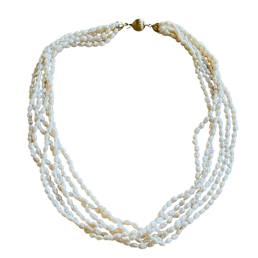 VTG Freshwater Rice Pearl Beaded Necklace Multi 6‎ Rows Statement Authentic 20"